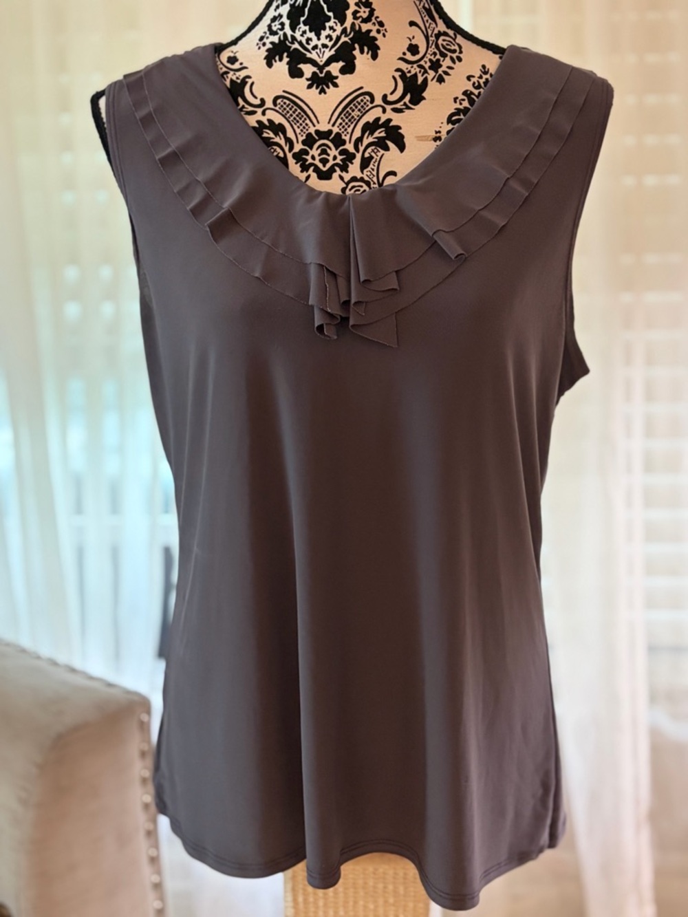 dressbarn Charcoal Gray Ruffle-Neck Sleeveless Camisole